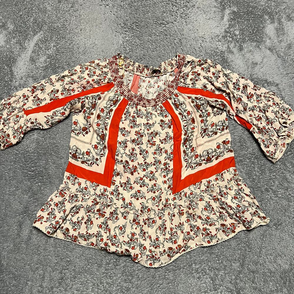 Democracy Shirt Womens Large Beige Red Floral 3/4 Bell Sleeve Ruffle Blouse